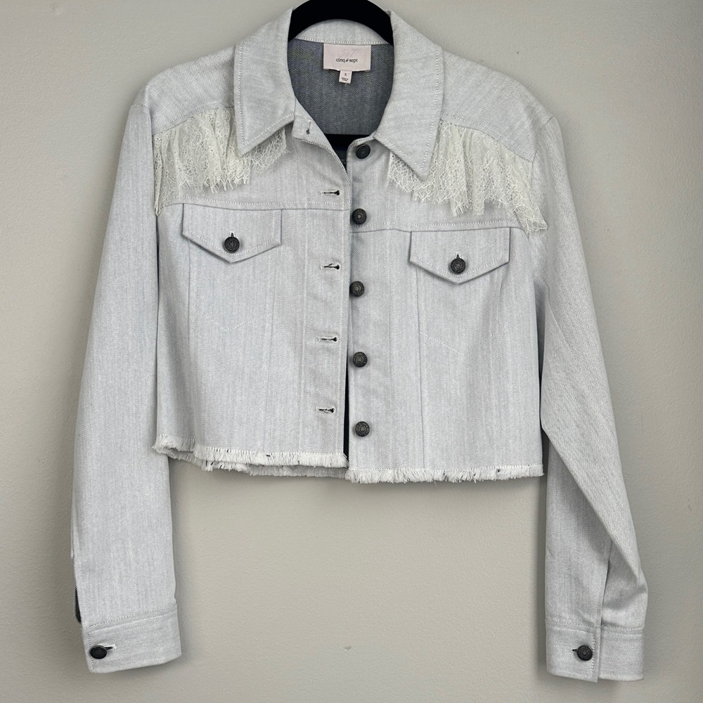 Cinq à Sept Light Gray Jean Jacket with Lace